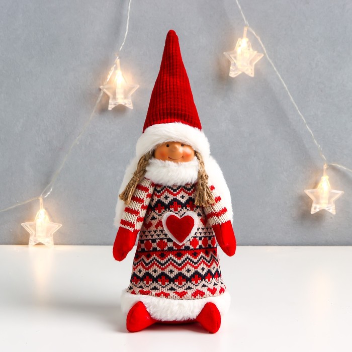 Интерьерная кукла текстильная «Ангелочек Марфуша в красном платье с узорами и сердечком», 33×13×10 см - Фото 1