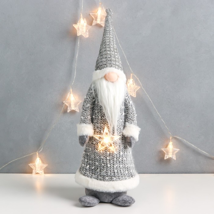 Кукла интерьерная свет "Дедушка Мороз в сером кафтане, держит звёздочку" 60х16х13 см - фото 1907504404