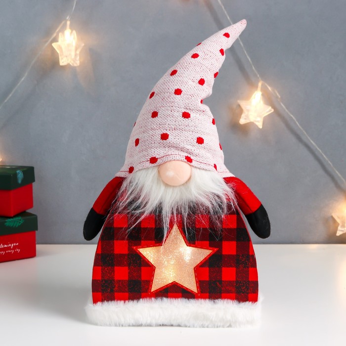 Кукла интерьерная свет &quot;Дед Мороз в клетчатом кафтане, колпак в горох, звёздочка&quot; 41х24х6 см   75679