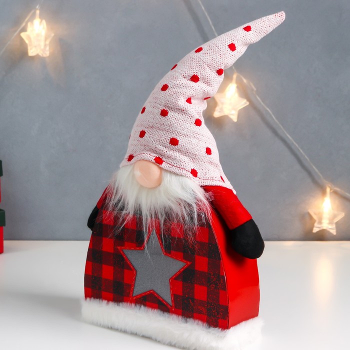 Кукла интерьерная свет "Дед Мороз в клетчатом кафтане, колпак в горох, звёздочка" 41х24х6 см   75679 - фото 1907504411