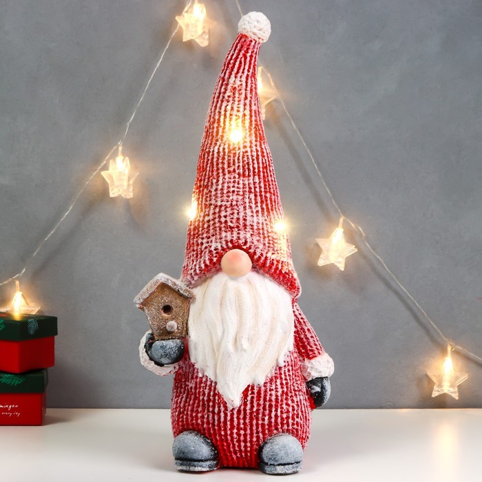 Сувенир керамика свет "Дедуля Мороз в красном полосатом наряде со скворечником" 47х21х15 см   756797 - Фото 1