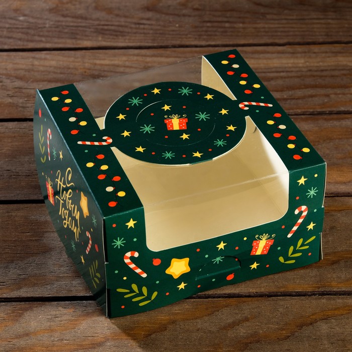 Коробка под бенто-торт с окном "Новогодняя изумрудная", 14 х 14 х 8 см - Фото 1