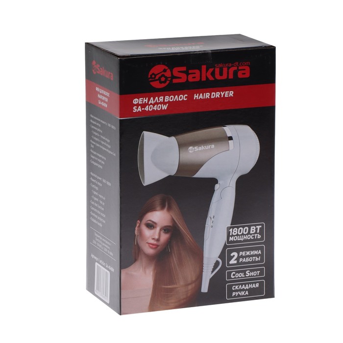 Фен Sakura SA-4040W, 1800 Вт, 2 скорости, 2 температурных режима, концентратор, бело-золотой - фото 51345512