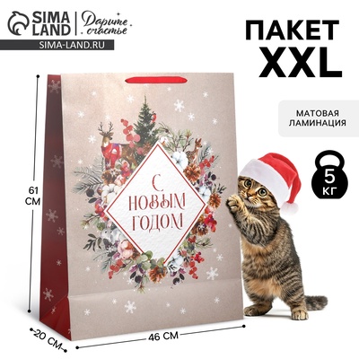 Пакет подарочный новогодний ламинированный «С Новым годом», 61×46×20 см