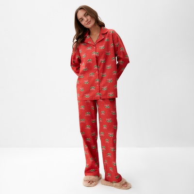 Пижама новогодняя женская (рубашка, брюки) KAFTAN «Машинки», размер 52-54, красная