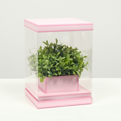 Коробка для цветов с вазой и PVC окнами складная, розовый, 16×23×16 см