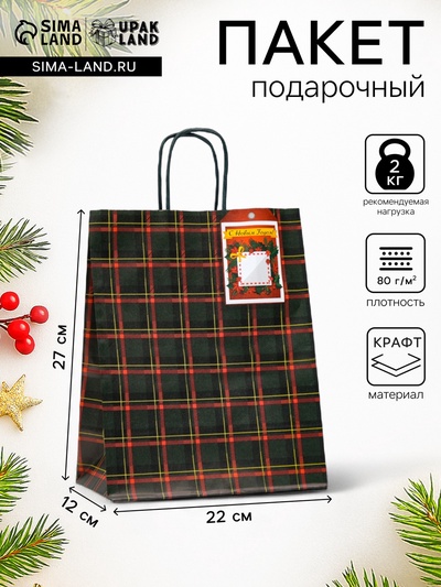 Пакет бумажный подарочный новогодний крафт «Зелёная клетка» 22×12×27 см