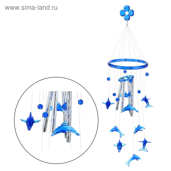 Музыка ветра пластик "Дельфин" 4 трубочки 9 фигурок, сиренево-синий - Фото 1