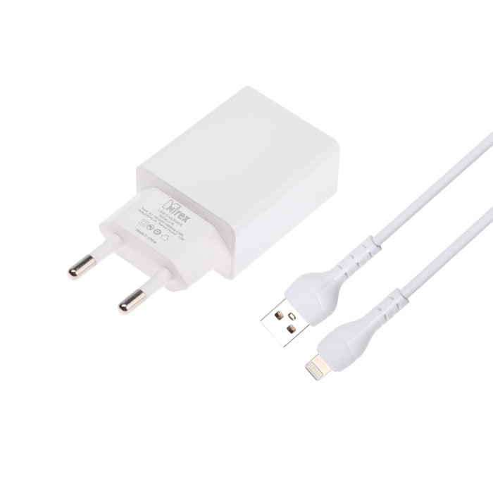 Сетевое зарядное устройство Mirex U16i, USB, 2.4 А, кабель Lightning, 1 м, белое - Фото 1