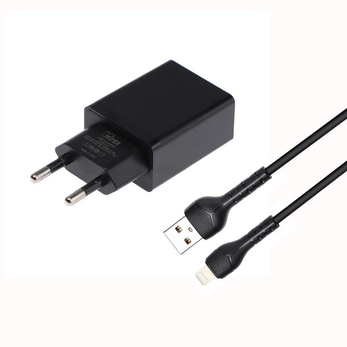 Сетевое зарядное устройство Mirex U16i, USB, 2.4 А, кабель Lightning, 1 м, черное