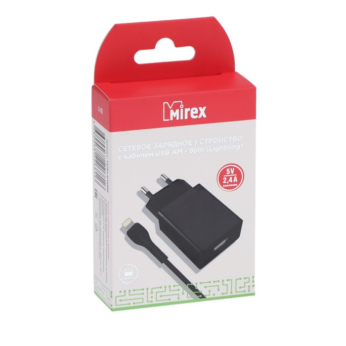 Сетевое зарядное устройство Mirex U16i, USB, 2.4 А, кабель Lightning, 1 м, черное - фото 51456620