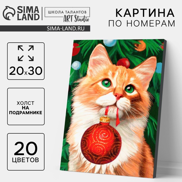 Картина по номерам на холсте с подрамником «Новый год! Рыжий кот с шариком», 20×30 см - Фото 1