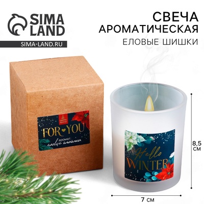 Свеча ароматическая в стакане Hello winter, аромат еловые шишки, 7 х 7 х 8,5 см.