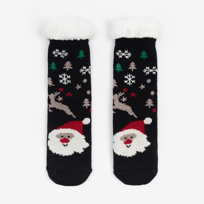 Носки женские с мехом, чёрные/дед мороз, размер 36-40