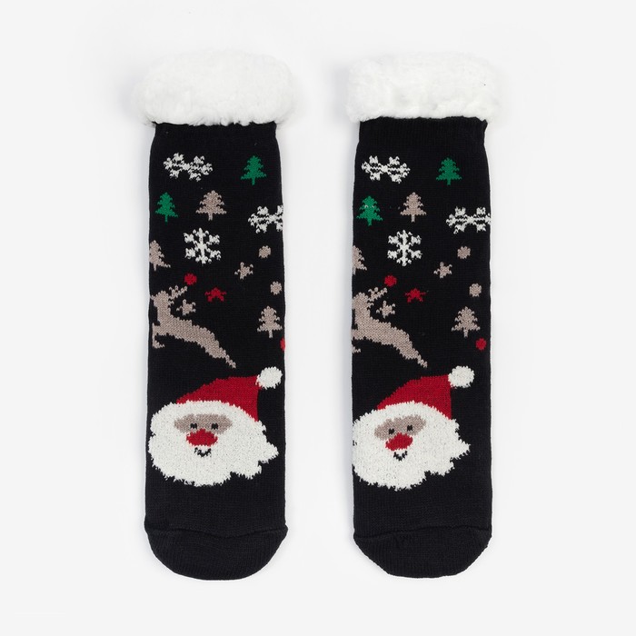 Носки женские с мехом, чёрные/дед мороз, размер 36-40 - Фото 1