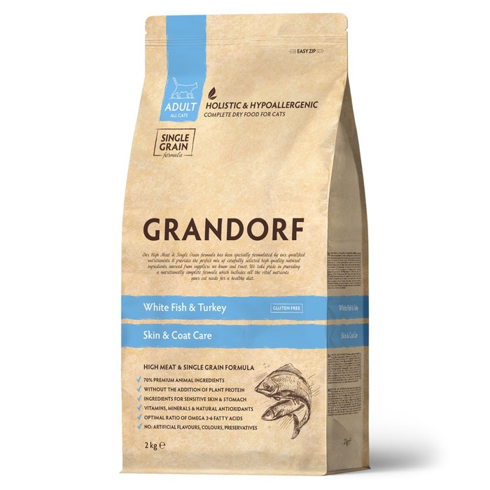 

Сухой корм Grandorf для кошек, белая рыба/индейка, низкозерновой, 2 кг