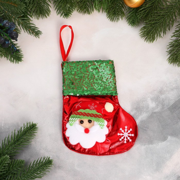 Носок для подарков "Дед Мороз блеск, снежинка" 13х16 см, красно-зелёный - Фото 1