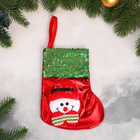 Носок для подарков "Снеговик блеск, снежинка" 13х16 см, красно-зелёный