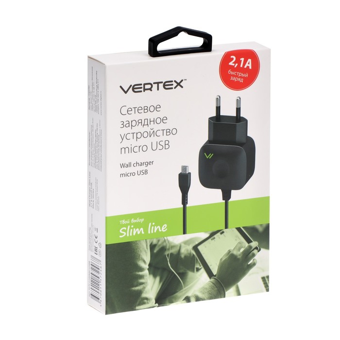 Сетевое зарядное устройство Vertex Slim Line, 2.1 А, кабель microUSB, черное - фото 51470096