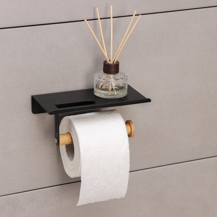 Держатель для туалетной бумаги с полочкой BAMBOO, 18×9,7×7,5 см, цвет чёрный
