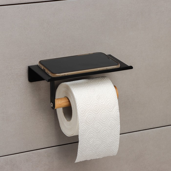 Держатель для туалетной бумаги с полочкой BAMBOO, 18×9,7×7,5 см, цвет чёрный - фото 1901665486