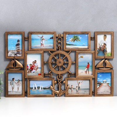 Фоторамка - коллаж на 10 фото 10×15 см «Якорь и штурвал», пластик, мультирамка, т. Золото, 41×68 см