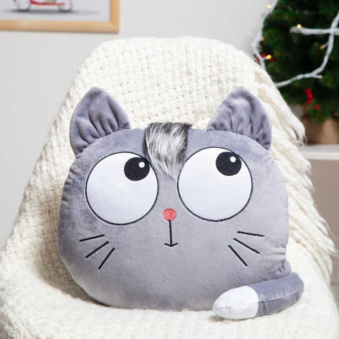 Подушка декоративная Кот голова-глазастик, цвет серый, размер 35х40см, плюш, холофайбер - фото 9918335
