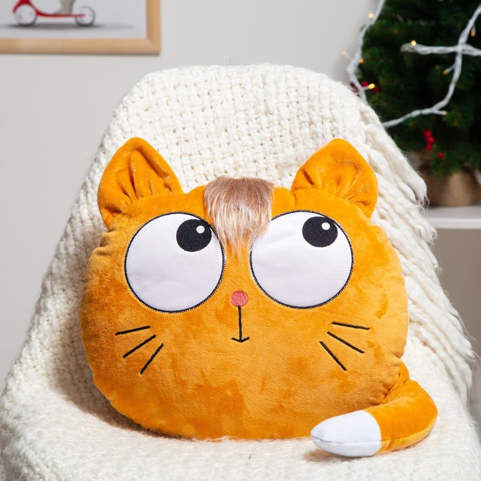Подушка декоративная Кот голова-глазастик, цвет рыжий, размер 35х40см, плюш, холофайбер - Фото 1