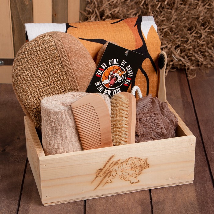 Набор подарочный «Этель» Tiger, полотенце 70×146 см, щётка, мочалка - Фото 1