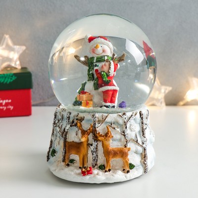 Снежный шар новогодний стеклянный «Обнимашки со снеговиком», музыкальный, 11.5×11.5×14 см