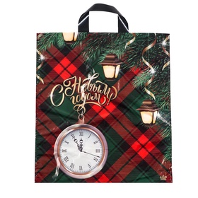 Пакет подарочный новогодний «Часы с фонариками», полиэтиленовый с петлевой ручкой, 42?38 см (комплект 50 шт)