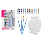 УЦЕНКА Краски акриловые, 12 цветов в пластиковой тубе, 12 мл, в картонной коробке, 4 кисти, палитра - Фото 1