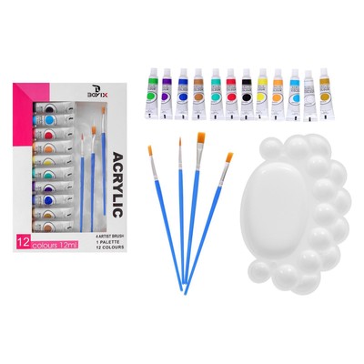 УЦЕНКА Краски акриловые, 12 цветов в пластиковой тубе, 12 мл, в картонной коробке, 4 кисти, палитра