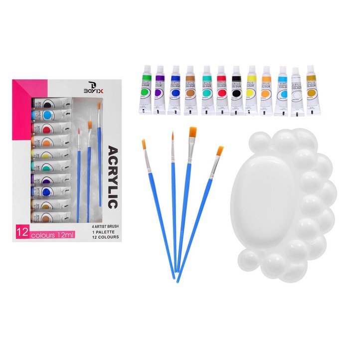 УЦЕНКА Краски акриловые, 12 цветов в пластиковой тубе, 12 мл, в картонной коробке, 4 кисти, палитра - Фото 1