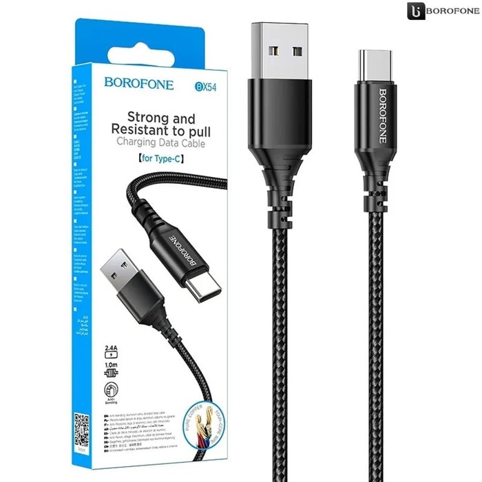 Кабель Borofone BX54, Type-C - USB, 2.4 А, 1 м, нейлоновая оплётка, чёрный - фото 51456926