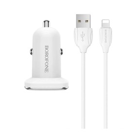 Автомобильное зарядное устройство Borofone BZ12, 2xUSB, 2.4 А, кабель Lightning, белое