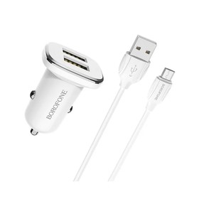 Автомобильное зарядное устройство Borofone BZ12, 2xUSB, 2.4 А, кабель microUSB, белое