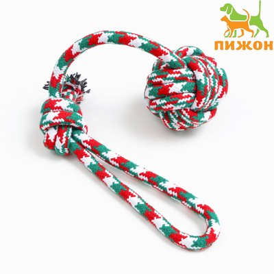 Игрушка канатная «Мяч с ручками» для крупных собак, до 105 г, до 42 см, красно-бело-зелёная