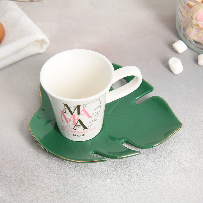 Чайная пара керамическая «Мама», кружка 100 мл, блюдце 15х14 см, цвет белый - фото 1885442254