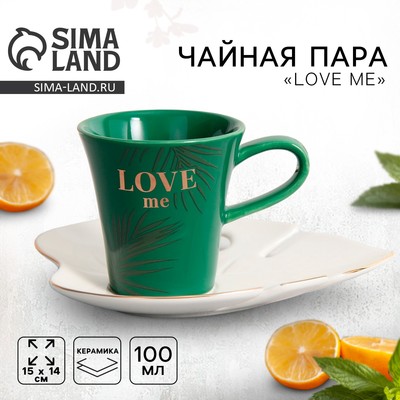 Чайная пара керамическая Love me, кружка 100 мл, блюдце 15х14 см, цвет бело-зелёный