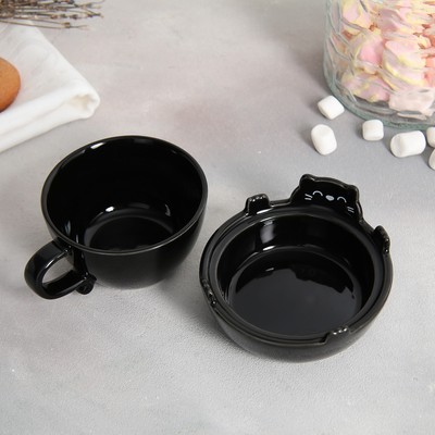Чайная пара керамическая «Черный кот», кружка 150 мл, миска 10х3 см, цвет чёрный