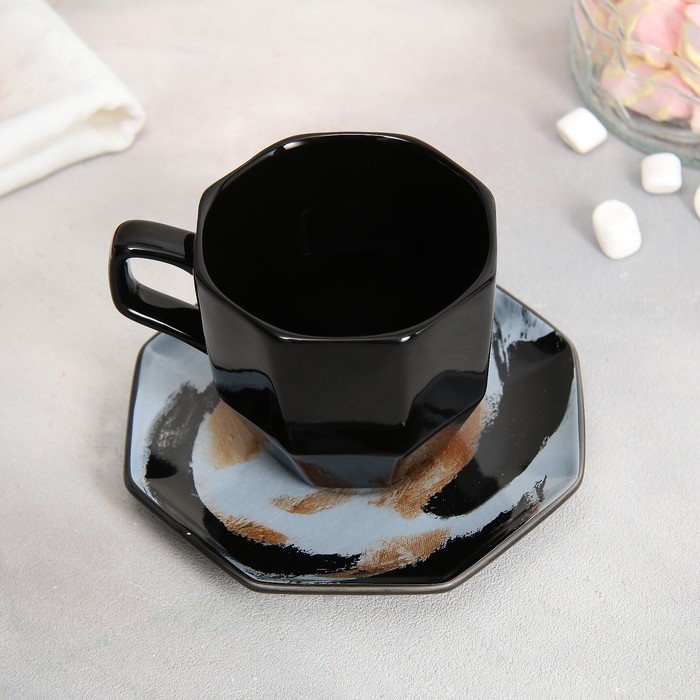 Чайная пара керамическая Art, кружка 200 мл, блюдце 13 см, цвет чёрный - фото 1907509789