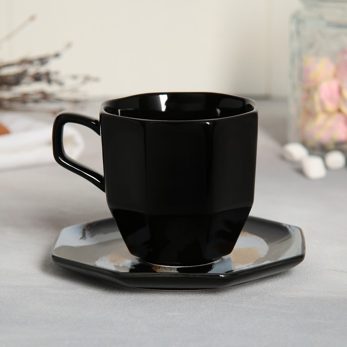 Чайная пара керамическая Art, кружка 200 мл, блюдце 13 см, цвет чёрный - фото 1907509790