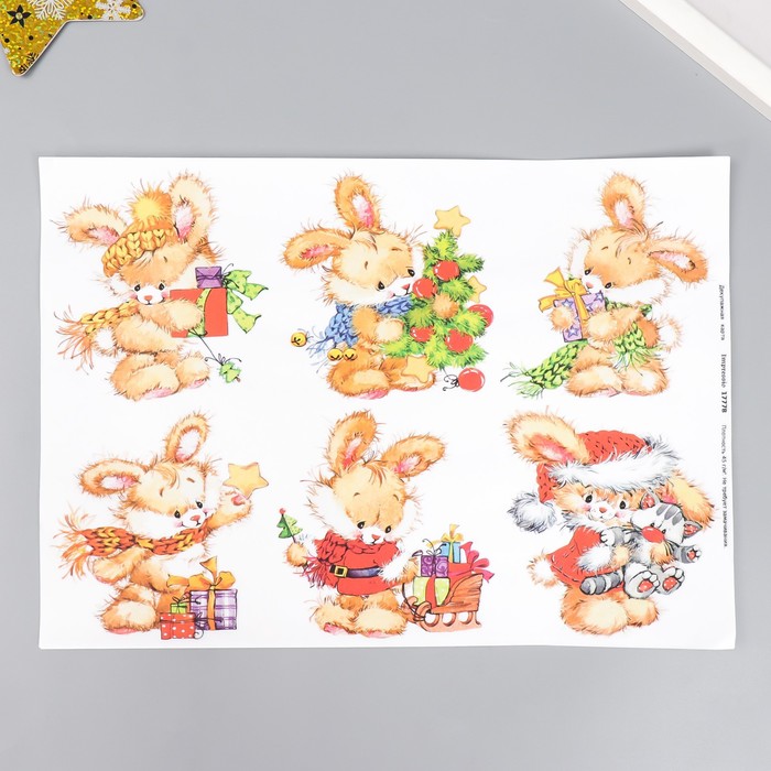 Декупажная карта "Зайки с подарками" плотность 45г/м2  формат А4 - Фото 1