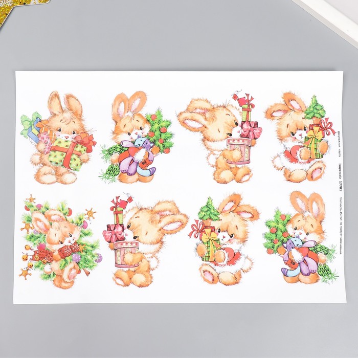 Декупажная карта "Зайчики с подарками" плотность 45г/м2  формат А4 - Фото 1