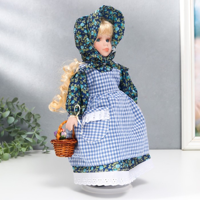 Кукла коллекционная керамика "Маруся в синем цветочном платье и косынке" 30 см - фото 1900195753