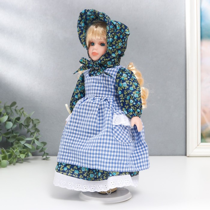 Кукла коллекционная керамика "Маруся в синем цветочном платье и косынке" 30 см - фото 1900195754