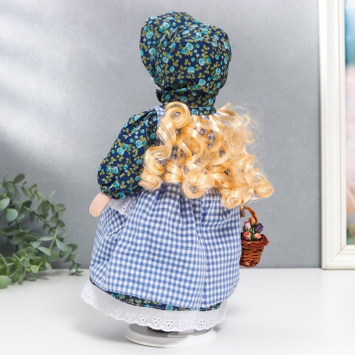Кукла коллекционная керамика "Маруся в синем цветочном платье и косынке" 30 см - фото 1878025496