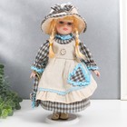 Кукла коллекционная керамика "Лена в голубом платье и шляпке в клетку" 30 см - фото 9923994