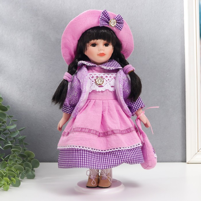 Кукла коллекционная керамика "Женя в розово-сиреневом платье, в клетку" 30 см - Фото 1